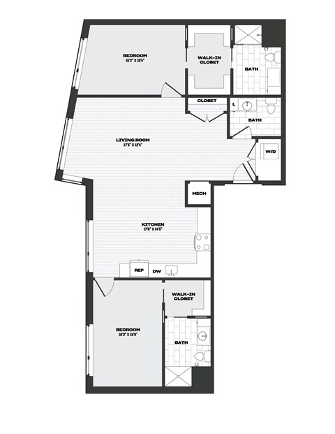 Floor plan for 2 beds, 2 baths, 1363 sqft