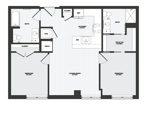 Floor plan for 2 beds, 2 baths, 926 sqft