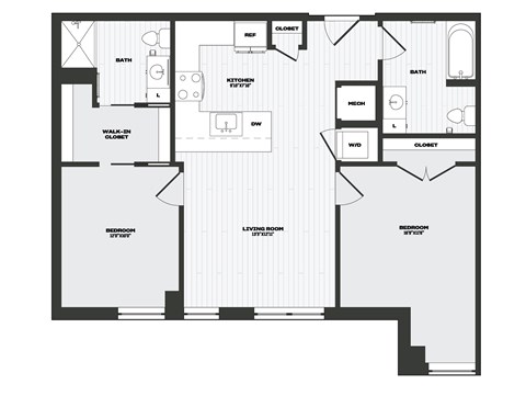 Floor plan for 2 beds, 2 baths, 967 sqft