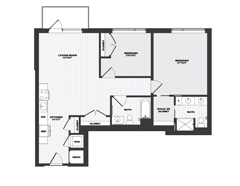 Floor plan for 2 beds, 2 baths, 1063 sqft