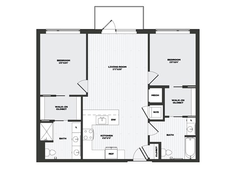 Floor plan for 2 beds, 2 baths, 1070 sqft