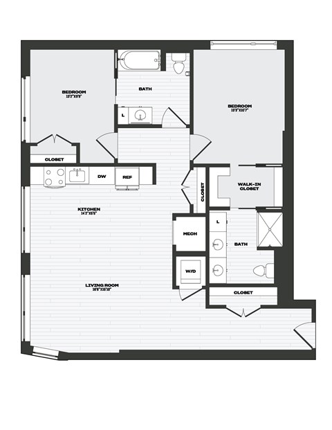 Floor plan for 2 beds, 2 baths, 1160 sqft