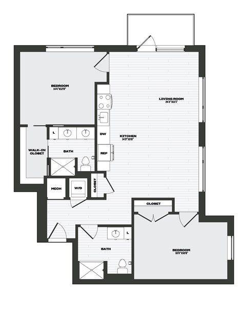 Floor plan for 2 beds, 2 baths, 1165 sqft