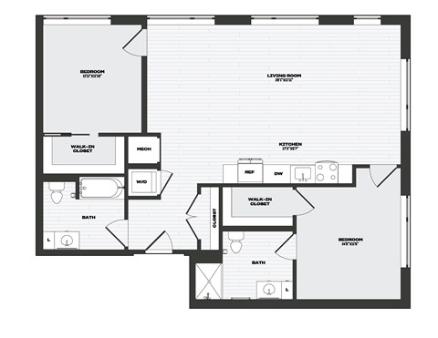 Floor plan for 2 beds, 2 baths, 1220 sqft