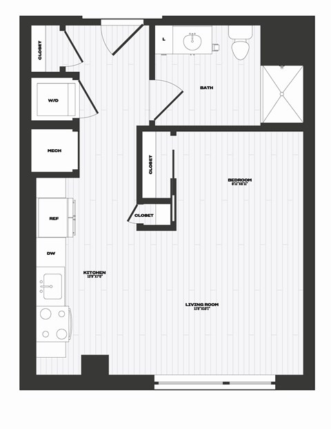 Floor plan for studio, 1 bath, 527 sqft