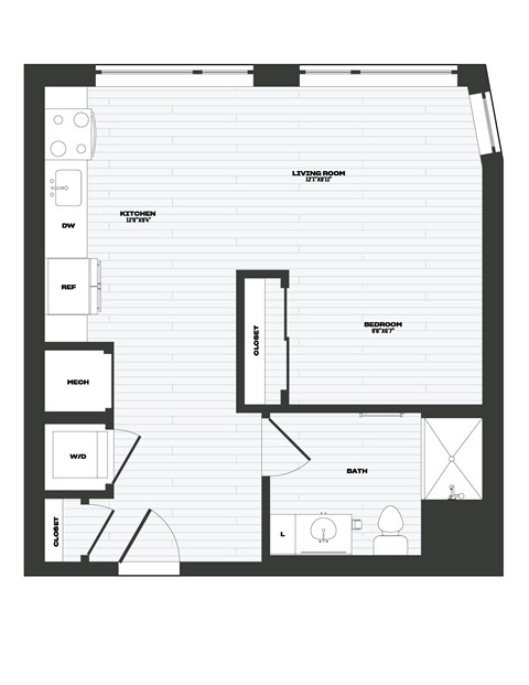 Floor plan for studio, 1 bath, 555 sqft