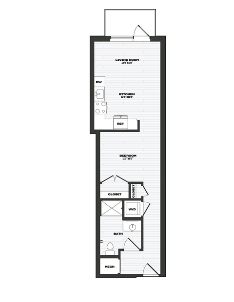 Floor plan for studio, 1 bath, 602 sqft