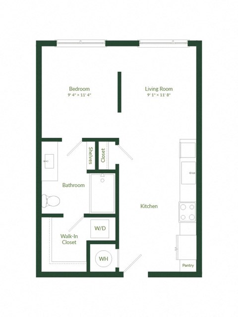 Floor plan for studio, 1 bath, 575 sqft