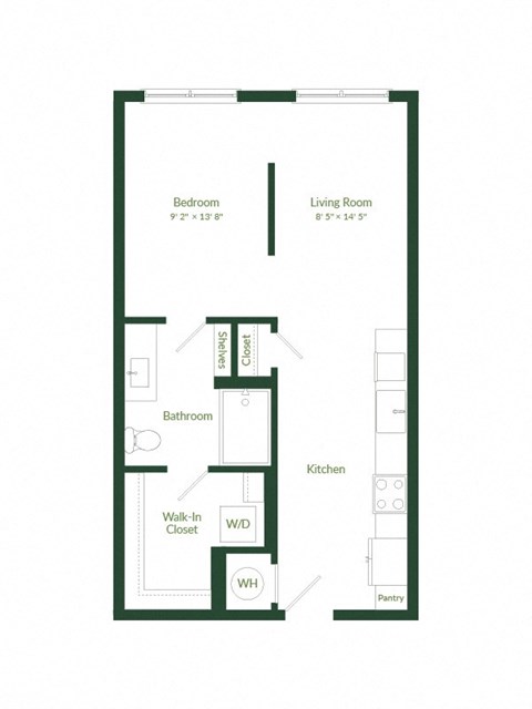 Floor plan for studio, 1 bath, 620 sqft