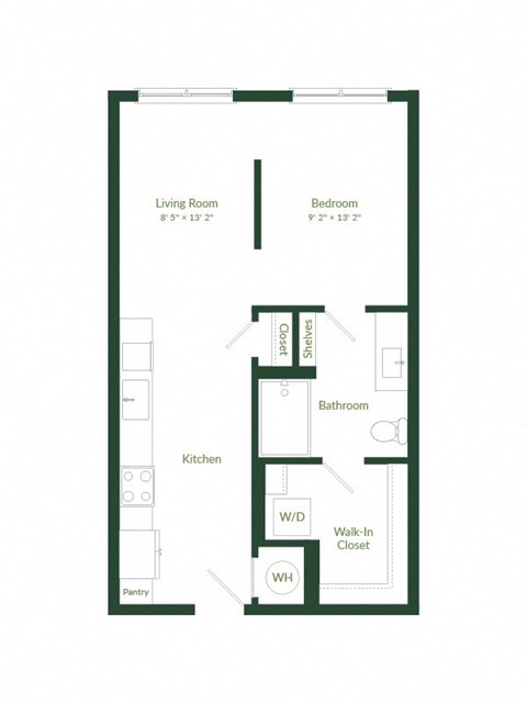 Floor plan for studio, 1 bath, 600 sqft