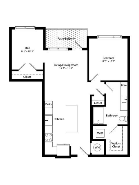 Floor plan for 1 bed, 1 bath, 827 sqft