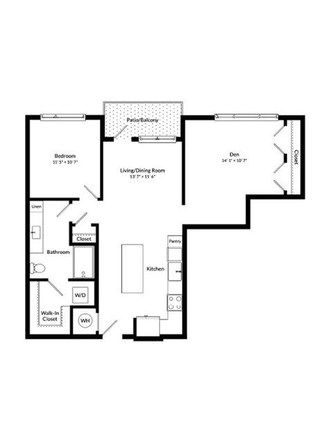 Floor plan for 1 bed, 1 bath, 925 sqft
