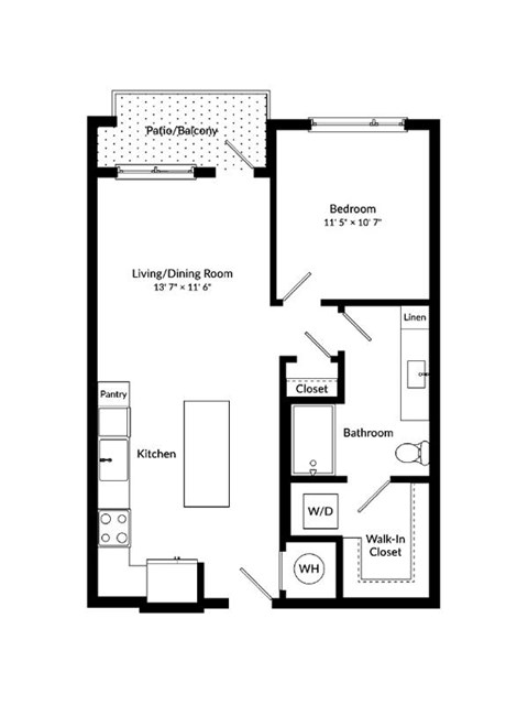 Floor plan for 1 bed, 1 bath, 723 sqft