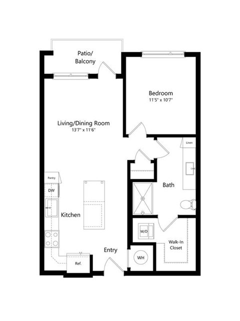 Floor plan for 1 bed, 1 bath, 700 sqft