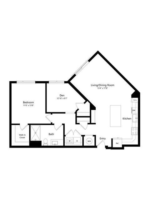 Floor plan for 1 bed, 1 bath, 959 sqft