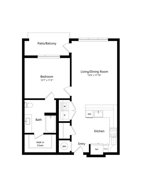 Floor plan for 1 bed, 1 bath, 835 sqft