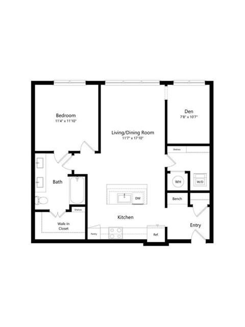 Floor plan for 1 bed, 1 bath, 881 sqft