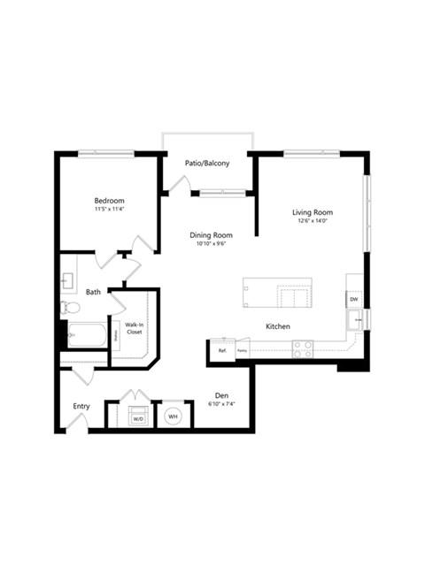 Floor plan for 1 bed, 1 bath, 1053 sqft
