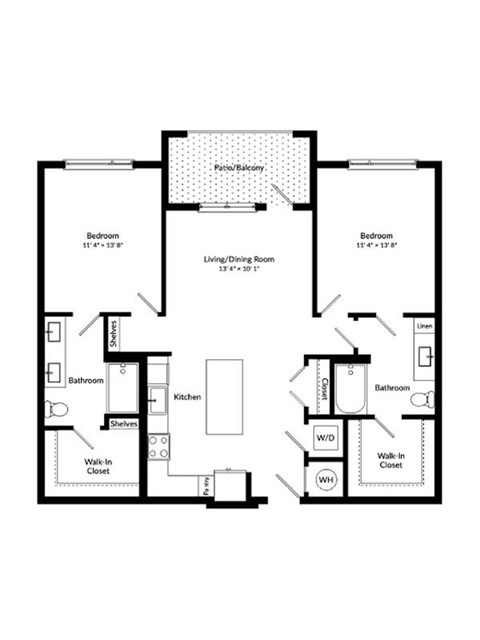 Floor plan for 2 beds, 2 baths, 1230 sqft