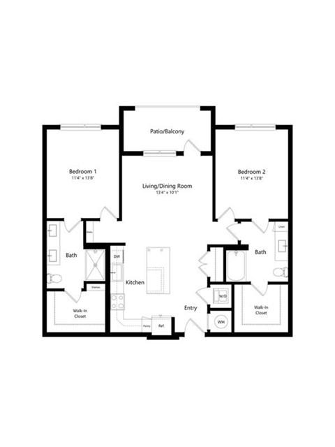 Floor plan for 2 beds, 2 baths, 1154 sqft