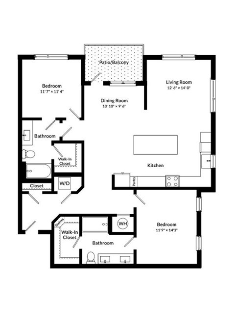 Floor plan for 2 beds, 2 baths, 1383 sqft