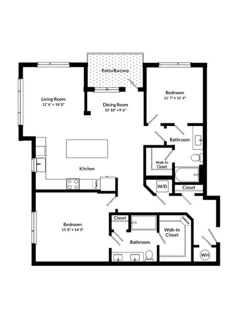 Floor plan for 2 beds, 2 baths, 1370 sqft
