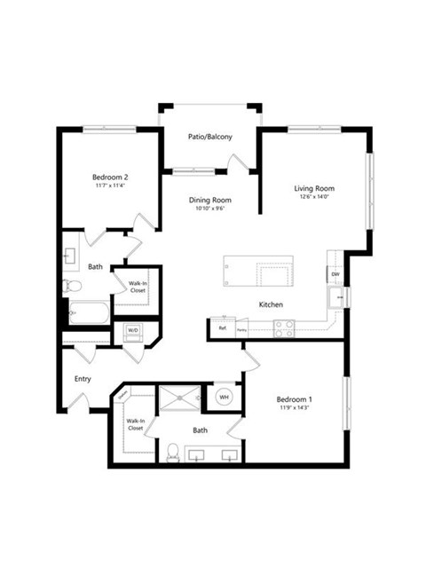 Floor plan for 2 beds, 2 baths, 1298 sqft