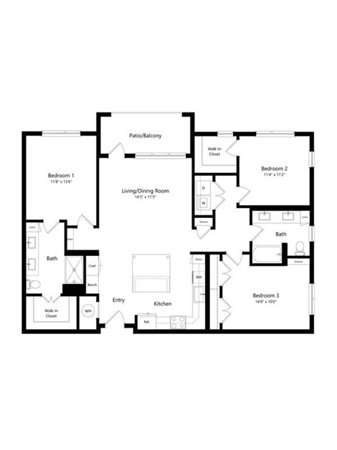 Floor plan for 3 beds, 2 baths, 1432 sqft