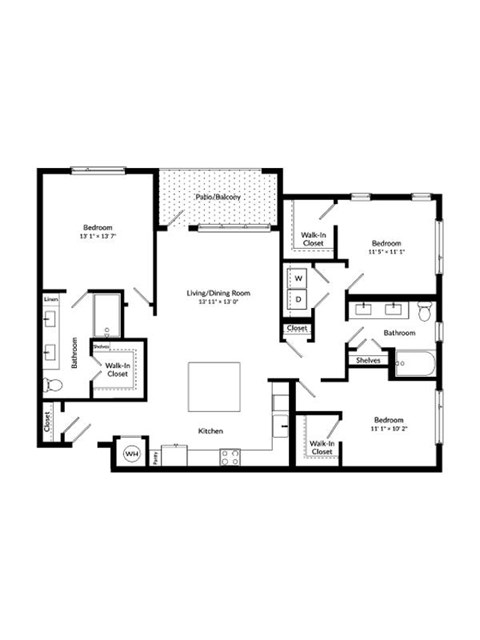 Floor plan for 3 beds, 2 baths, 1482 sqft
