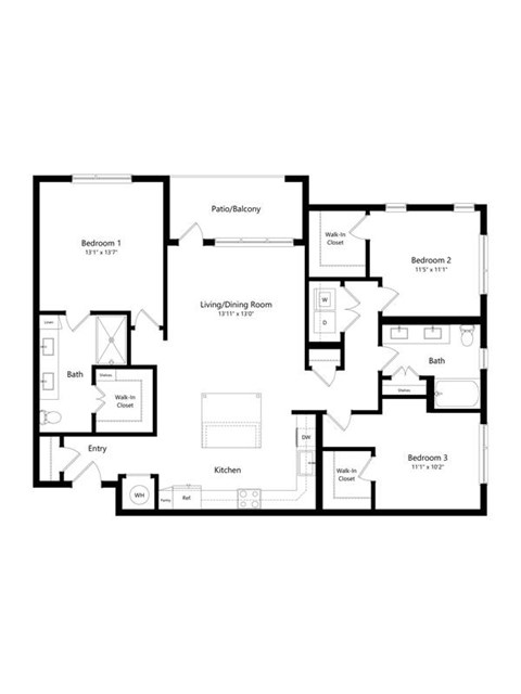Floor plan for 3 beds, 2 baths, 1457 sqft