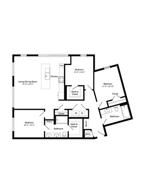 Floor plan for 3 beds, 2 baths, 1490 sqft