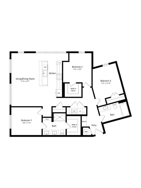 Floor plan for 3 beds, 2 baths, 1468 sqft