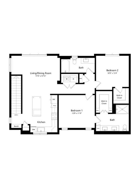 Floor plan for 2 beds, 2 baths, 1174 sqft