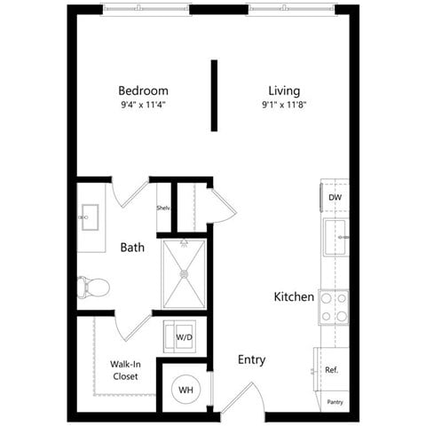 Floor plan for studio, 1 bath, 575 sqft