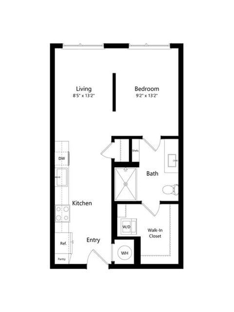 Floor plan for studio, 1 bath, 600 sqft
