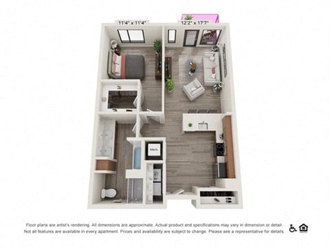 Floor plan for 1 bed, 1 bath, 796 sqft