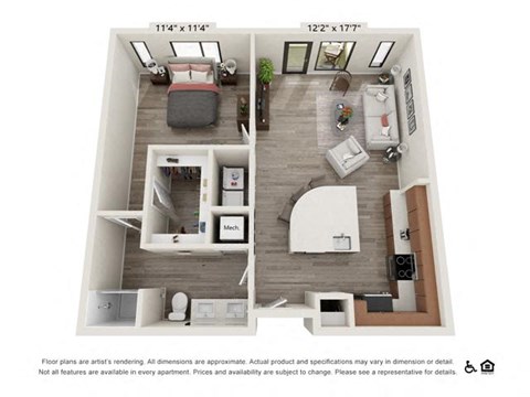 Floor plan for 1 bed, 1 bath, 843 sqft