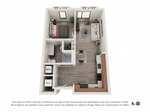 Floor plan for 1 bed, 1 bath, 562 sqft