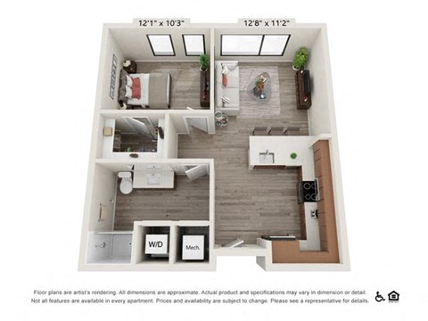 Floor plan for 1 bed, 1 bath, 603 sqft
