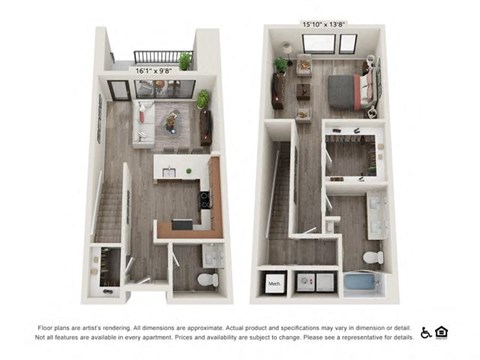 Floor plan for 1 bed, 1.5 baths, 1003 sqft
