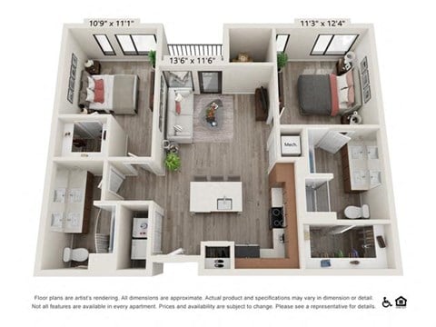 Floor plan for 2 beds, 2 baths, 980 sqft