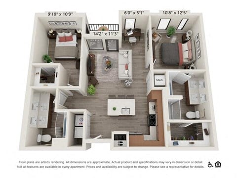 Floor plan for 2 beds, 2 baths, 980 sqft
