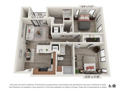 Floor plan for 2 beds, 2 baths, 915 sqft