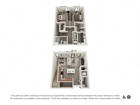 Floor plan for 2 beds, 2.5 baths, 1308 sqft