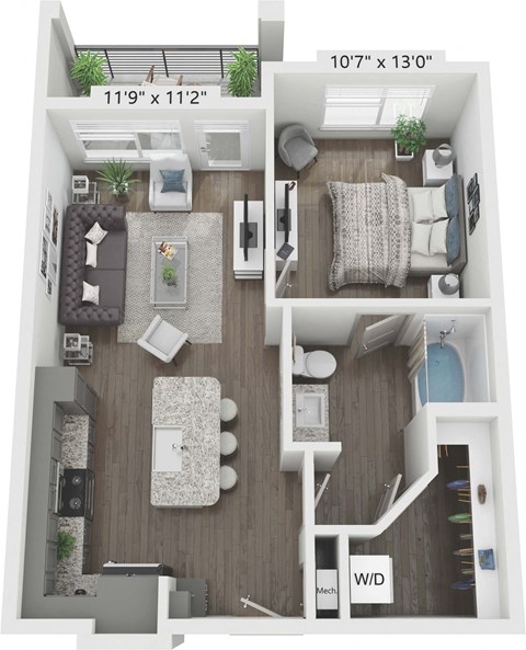 Floor plan for 1 bed, 1 bath, 663 sqft