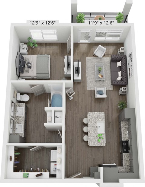 Floor plan for 1 bed, 1 bath, 791 sqft