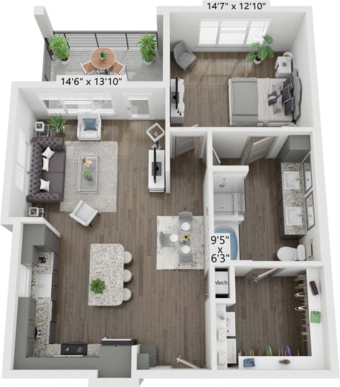 Floor plan for 1 bed, 1 bath, 893 sqft