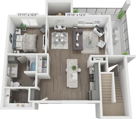 Floor plan for 1 bed, 1 bath, 795 sqft