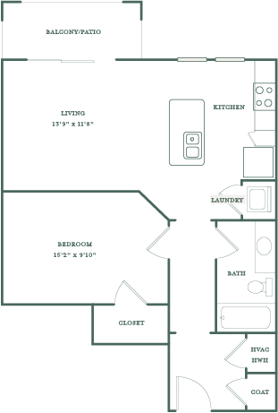 Floor plan for studio, 1 bath, 722 sqft