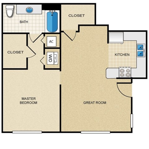Floor plan for 1 bed, 1 bath, 824 sqft